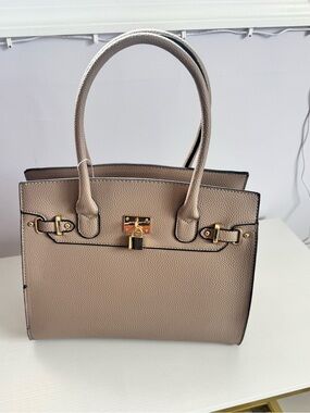 Classic Taupe Structured Tote Bag with Gold Hardware